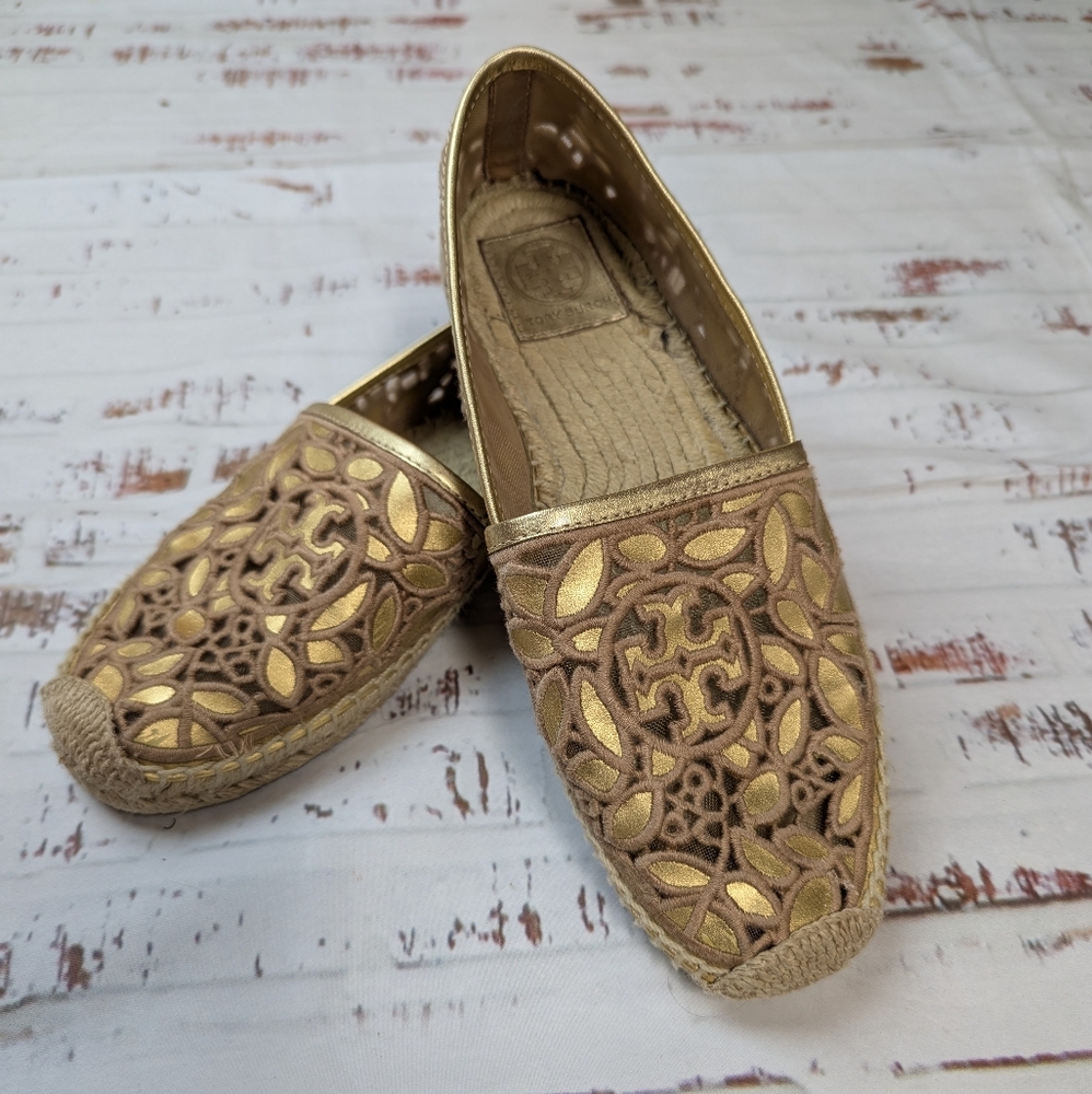 Tory Burch Gold Lace Espadrille Slip On Flatts - Picture 1 of 8
